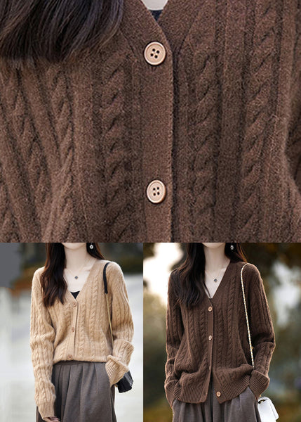 New Coffee V Neck Button Woolen Knit Cardigans Fall AB1057 Genistyle Shop
