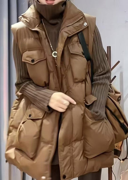 New Coffee Zip Up Pockets Patchwork Fine Cotton Filled Vest Sleeveless TD035