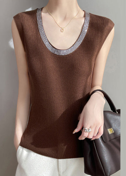 Solid Coffee New Tank Cozy Zircon Sleeveless Knit FashionChic