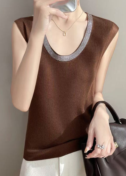 Solid Coffee New Tank Cozy Zircon Sleeveless Knit FashionChic