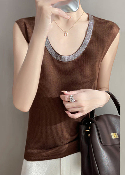Solid Coffee New Tank Cozy Zircon Sleeveless Knit FashionChic