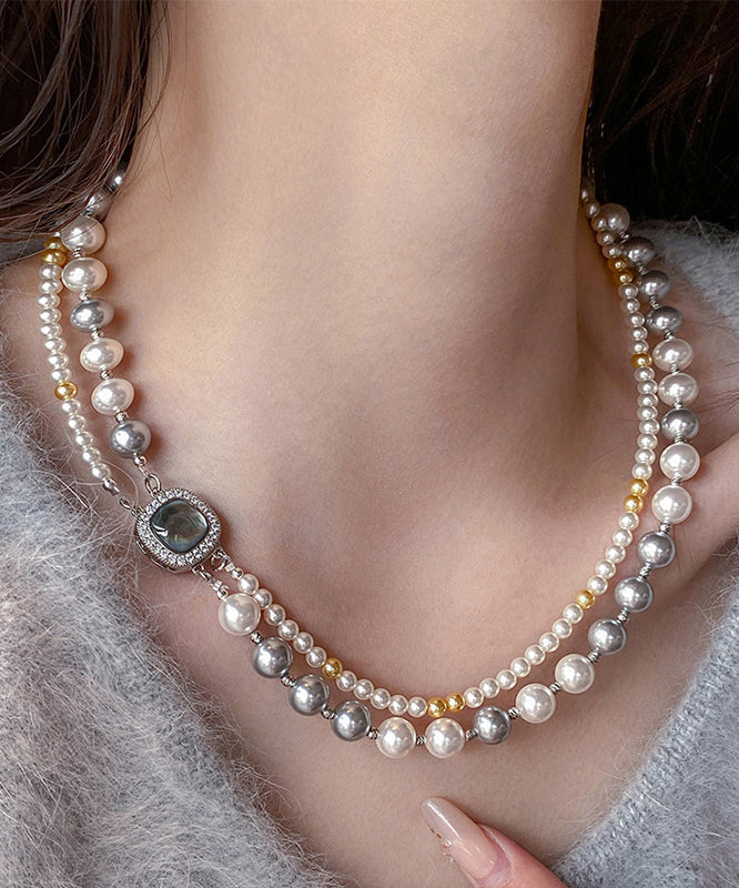 New Colorblock Alloy Zircon Double Layer Pearl Gratuated Bead Necklace ET028 ABC