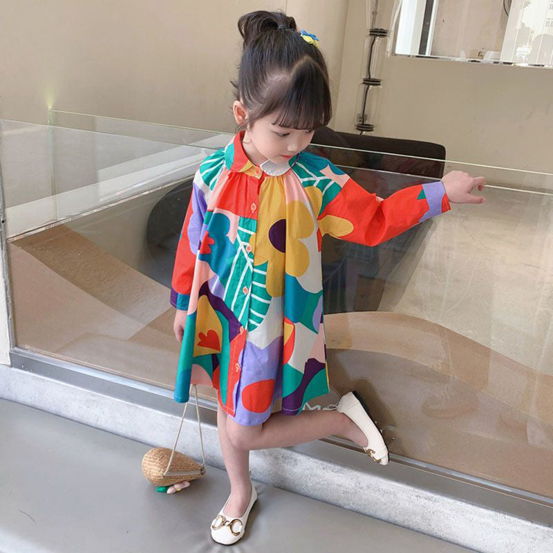 New Colorblock Print Button Girls Mid Dress Long Sleeve SS1056 MM-RCTZ-FDM240601