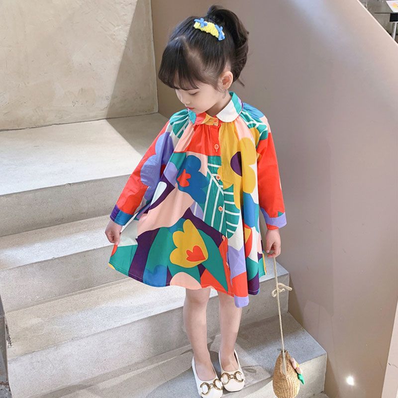 New Colorblock Print Button Girls Mid Dress Long Sleeve SS1056 MM-RCTZ-FDM240601