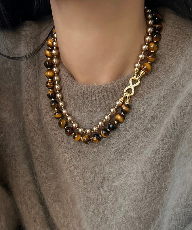 Double-Layer Bead Gratuated Pearl Necklace Tiger's-Eye Copper New FashionChic