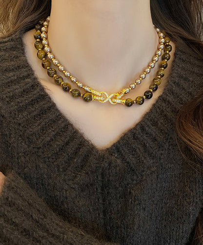 Double-Layer Bead Gratuated Pearl Necklace Tiger's-Eye Copper New FashionChic