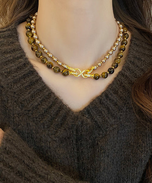 Double-Layer Bead Gratuated Pearl Necklace Tiger's-Eye Copper New FashionChic