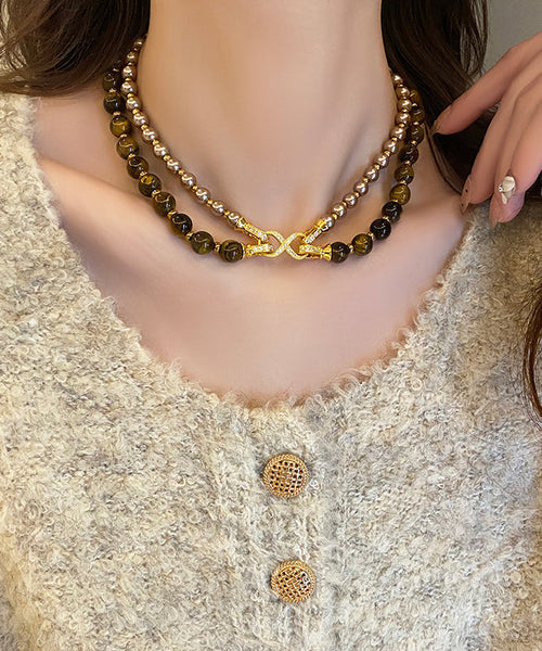 Double-Layer Bead Gratuated Pearl Necklace Tiger's-Eye Copper New FashionChic