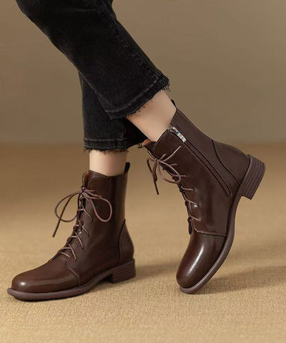 New Cowhide Leather Boots Zippered Lace Up Splicing Brown AP1001 shoe-XZ240905