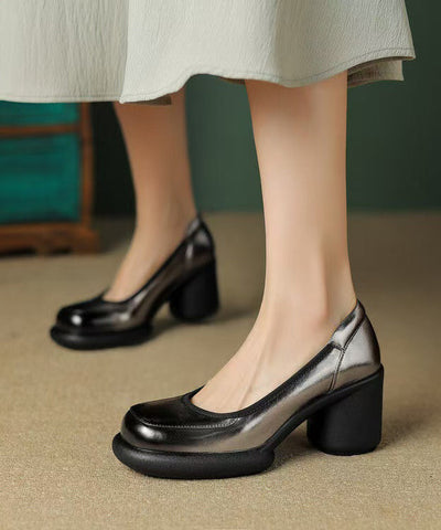 Dark Leather Heel Splicing High Cowhide Grey Heels New Chunky FashionChic