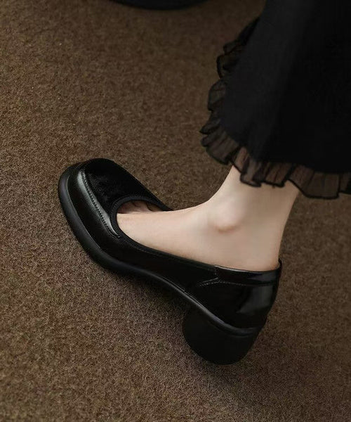 Dark Leather Heel Splicing High Cowhide Grey Heels New Chunky FashionChic