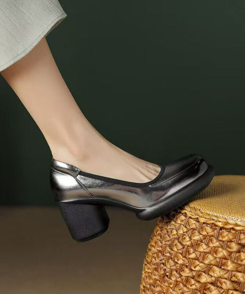 Grey New Leather Cowhide High Heel Chunky Heels Dark Splicing FashionChic