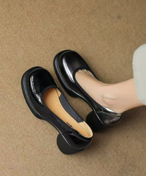 Grey New Leather Cowhide High Heel Chunky Heels Dark Splicing FashionChic