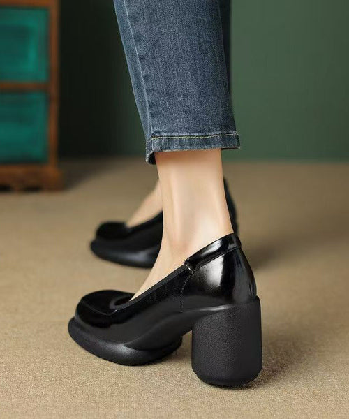 Grey New Leather Cowhide High Heel Chunky Heels Dark Splicing FashionChic