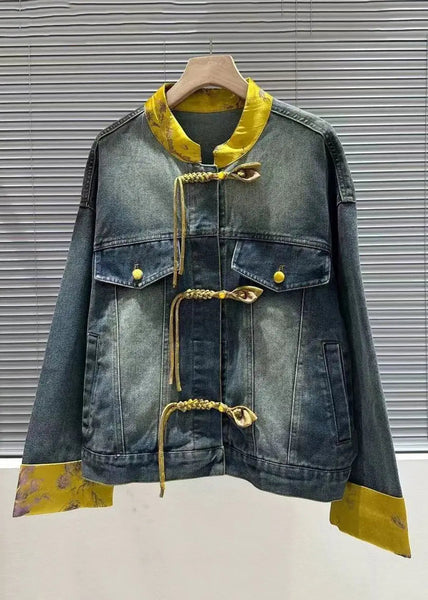 New Dark Blue Chinese Button Patchwork Denim Shirt Long Sleeve Ada Fashion