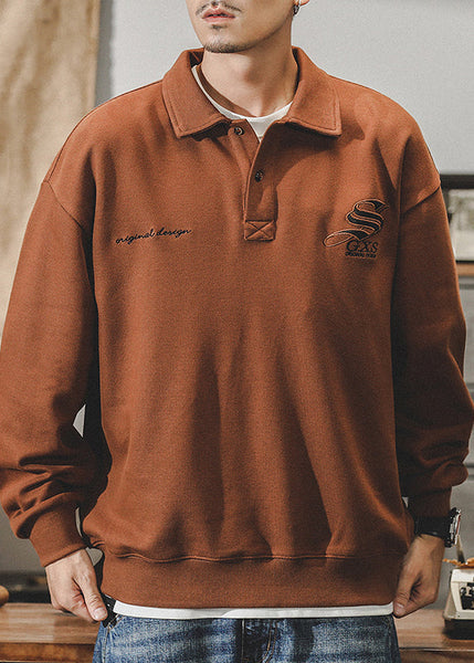 TC029 New Coffee Polo Cotton Dark Embroideried Sweatshirt Spring Button Men