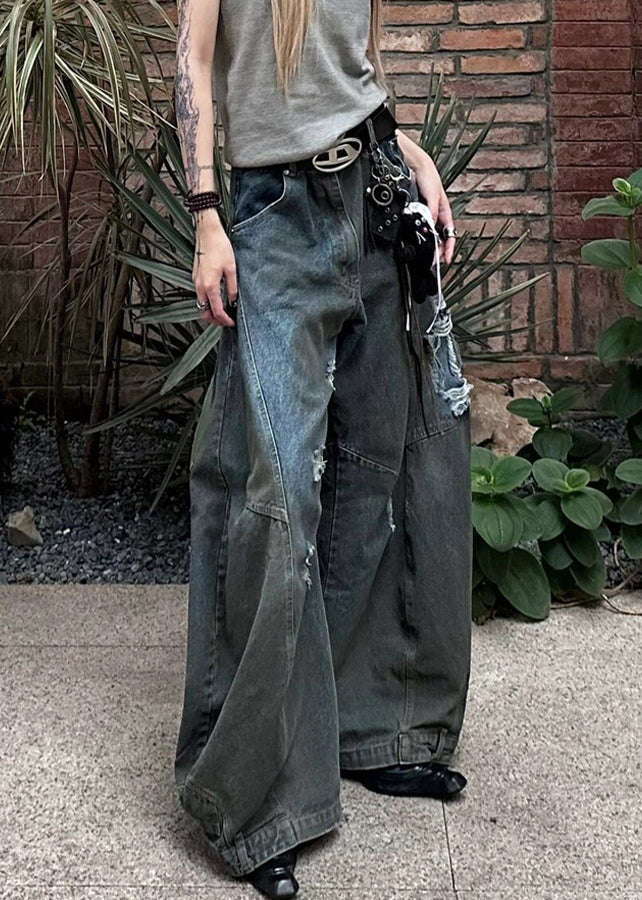 New Dark Gray Hole Pockets Denim Wide Leg Pants Summer AW1021 OM-NZ240827