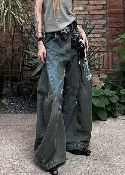 New Dark Gray Hole Pockets Denim Wide Leg Pants Summer AW1021 OM-NZ240827