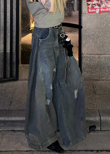New Dark Gray Hole Pockets Denim Wide Leg Pants Summer AW1021 OM-NZ240827