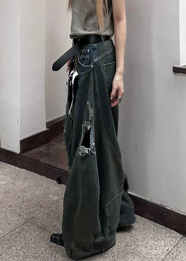 New Dark Gray Hole Pockets Denim Wide Leg Pants Summer AW1021 OM-NZ240827