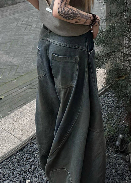 New Dark Gray Hole Pockets Denim Wide Leg Pants Summer AW1021 OM-NZ240827