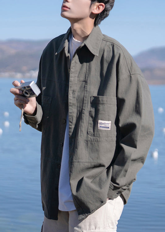 Peter Dark New Collar Gray Mens Button Cotton Pan Pockets Shirts FashionChic