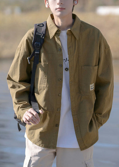 Peter Dark New Collar Gray Mens Button Cotton Pan Pockets Shirts FashionChic