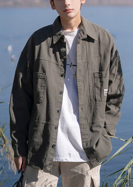 Peter Dark New Collar Gray Mens Button Cotton Pan Pockets Shirts FashionChic