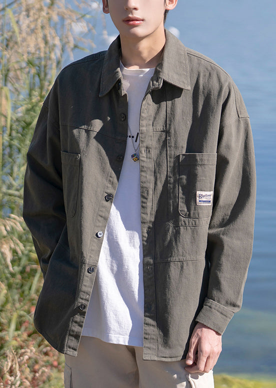 Peter Dark New Collar Gray Mens Button Cotton Pan Pockets Shirts FashionChic