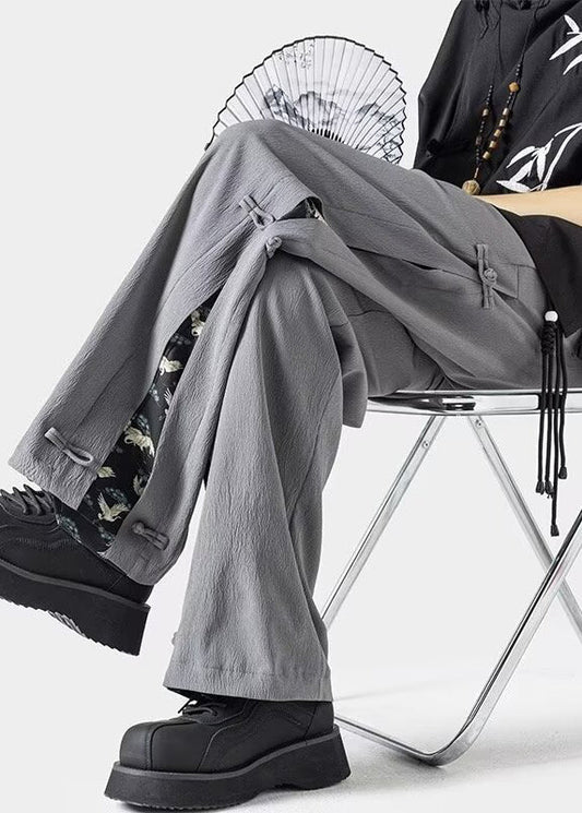 New Dark Grey Chinese Button Ice Silk Men's Straight Leg Pants Summer YT053 Men-Silk-MENP240721