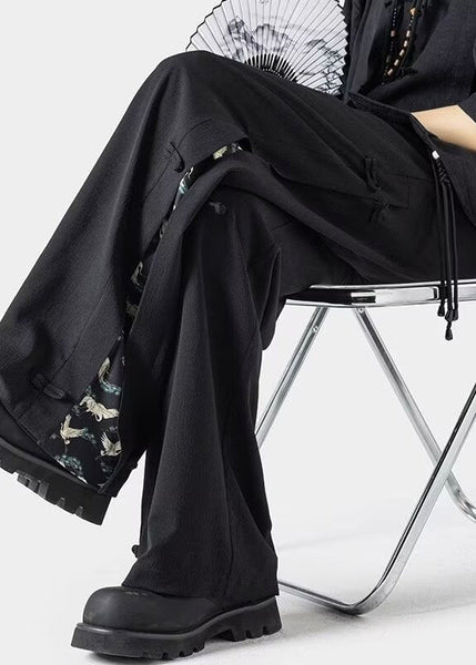 New Dark Grey Chinese Button Ice Silk Men's Straight Leg Pants Summer YT053 Men-Silk-MENP240721