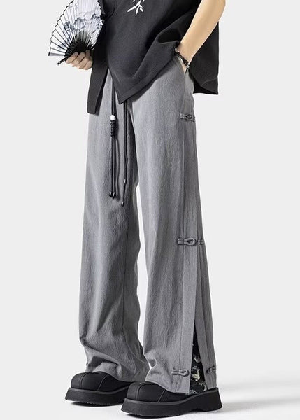 New Dark Grey Chinese Button Ice Silk Men's Straight Leg Pants Summer YT053 Men-Silk-MENP240721