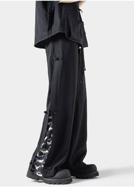 New Dark Grey Chinese Button Ice Silk Men's Straight Leg Pants Summer YT053 Men-Silk-MENP240721