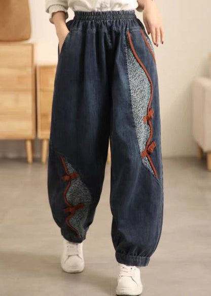 New Denim Blue Pockets Elastic Waist Patchwork Crop Pants Fall MN072 MMDM-CPTS240704