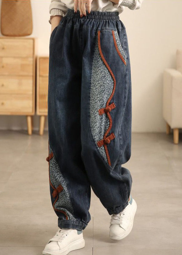 New Denim Blue Pockets Elastic Waist Patchwork Crop Pants Fall MN072 MMDM-CPTS240704