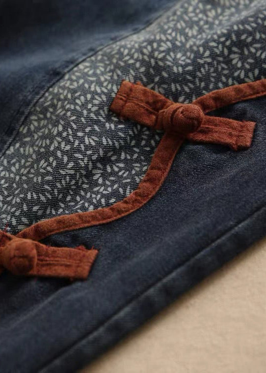 New Denim Blue Pockets Elastic Waist Patchwork Crop Pants Fall MN072 MMDM-CPTS240704