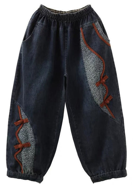 New Denim Blue Pockets Elastic Waist Patchwork Crop Pants Fall MN072 MMDM-CPTS240704