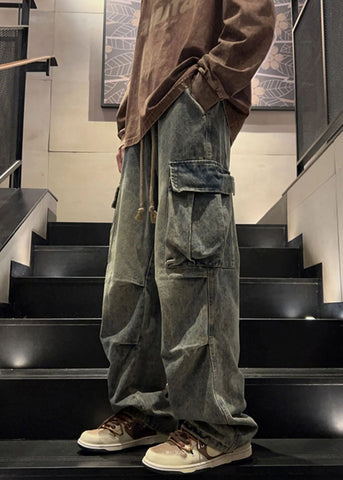 Elastic Waist Spring Blue Pockets New Pants Wrinkled Mens Denim FashionChic