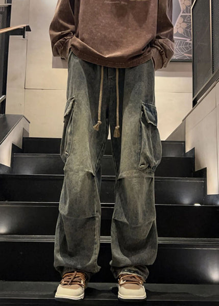 Elastic Waist Spring Blue Pockets New Pants Wrinkled Mens Denim FashionChic