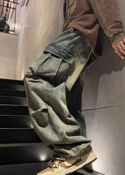 Elastic Waist Spring Blue Pockets New Pants Wrinkled Mens Denim FashionChic