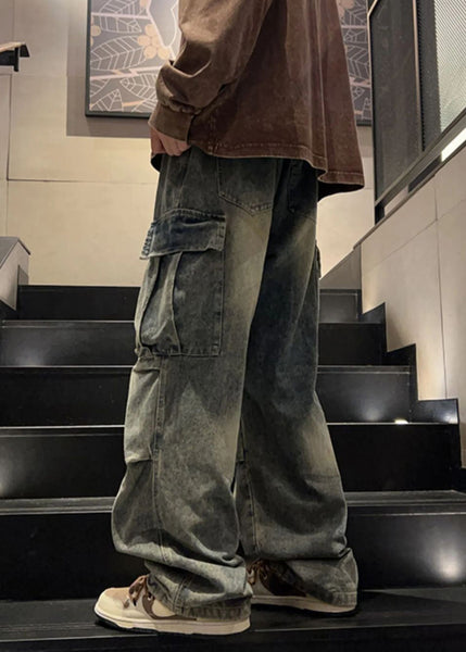 Elastic Waist Spring Blue Pockets New Pants Wrinkled Mens Denim FashionChic