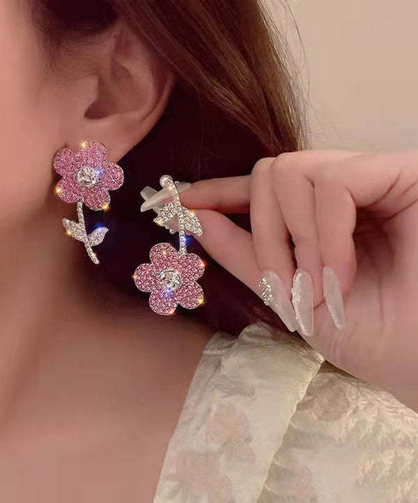 New Fashionable Pink Organza Flower Crystal Tassel Earrings GH1068 Ada Fashion