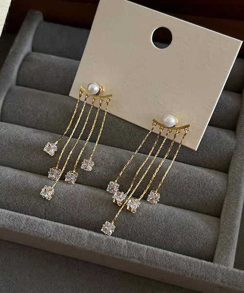 Alloy Zircon Pearl Earrings New Gold Drop Copper Tassel FashionChic