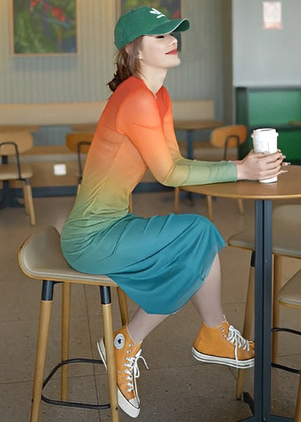 New Gradient Color O Neck Cotton Dress Long Sleeve KK061 SH-LF-FDL240602