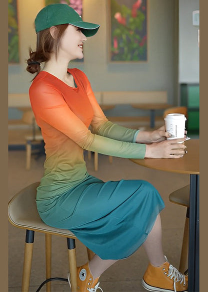 New Gradient Color O Neck Cotton Dress Long Sleeve KK061 SH-LF-FDL240602