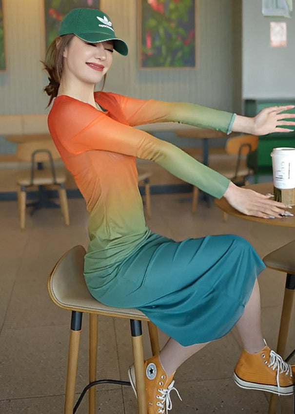 New Gradient Color O Neck Cotton Dress Long Sleeve KK061 SH-LF-FDL240602