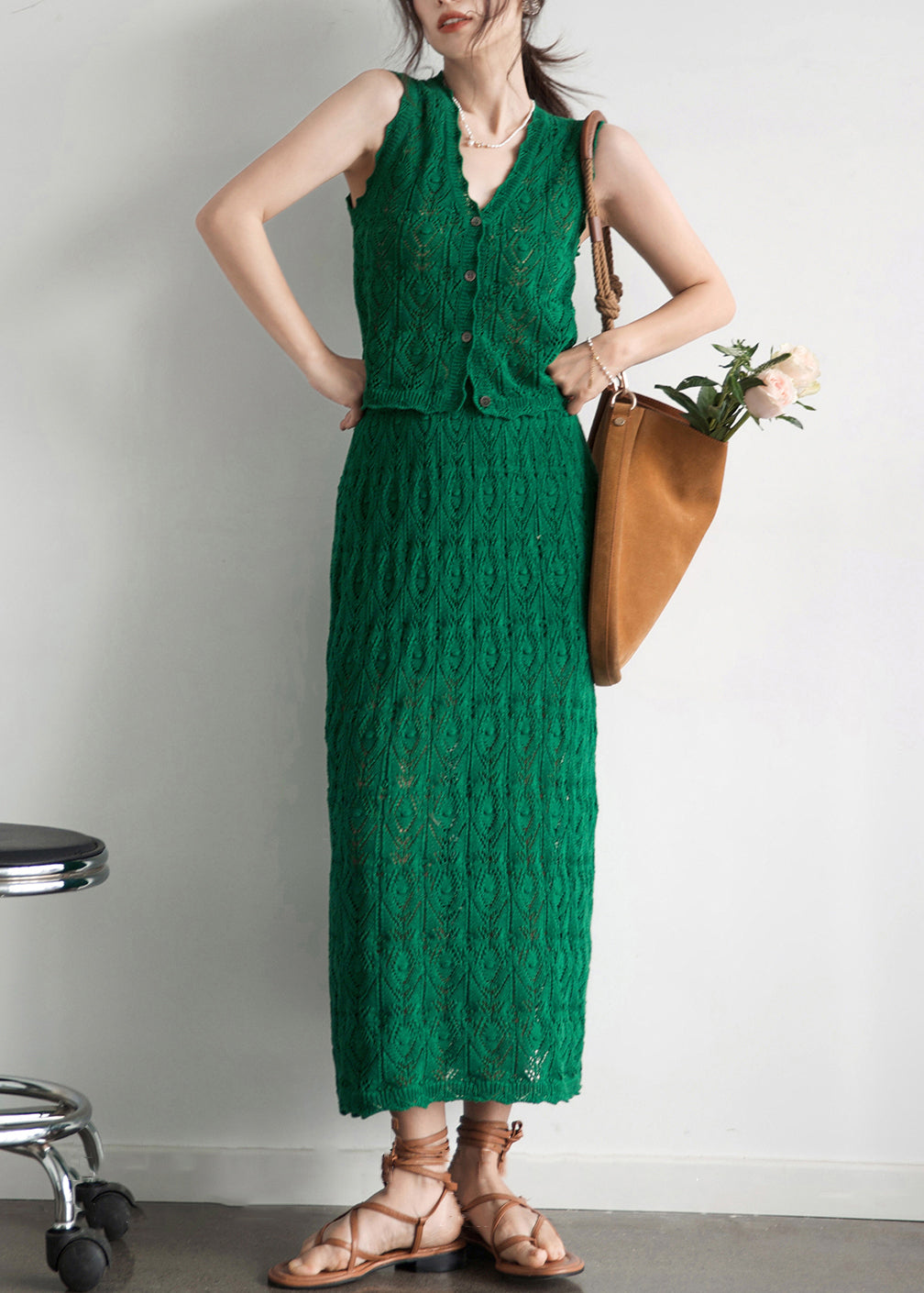 New Green Button Hollow Out Cotton Knit Two Pieces Set Sleeveless KK011 SH-LF-TPIEC240602