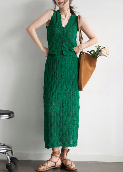 New Green Button Hollow Out Cotton Knit Two Pieces Set Sleeveless KK011 SH-LF-TPIEC240602