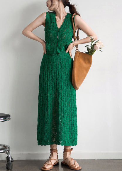 New Green Button Hollow Out Cotton Knit Two Pieces Set Sleeveless KK011 SH-LF-TPIEC240602