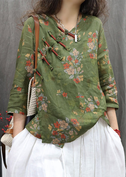 Linen Bracelet Blouses Button Sleeve Green New Print Chinese FashionChic